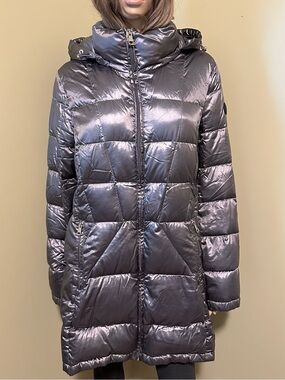 Andrew Marc  Metallic Quilted Hooded Down Puffer Coat - Gray Packable
